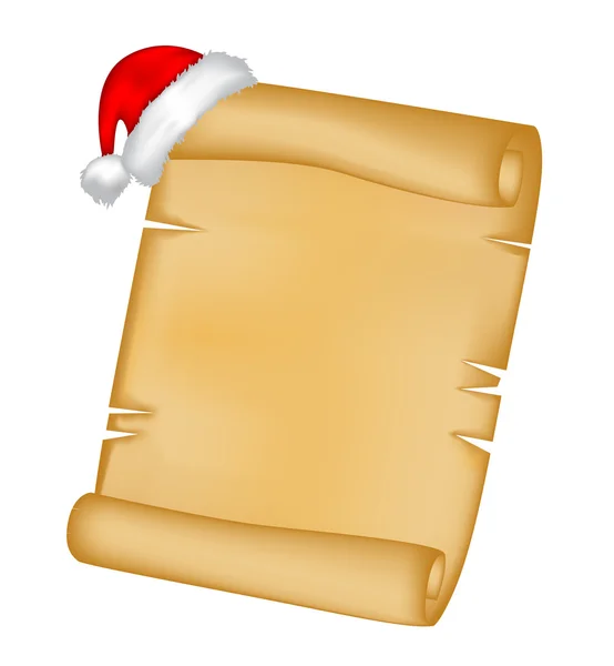 Tarjeta de pergamino de papel navideño con gorra santa, sombrero. ilustración vectorial aislada sobre fondo blanco . — Vector de stock