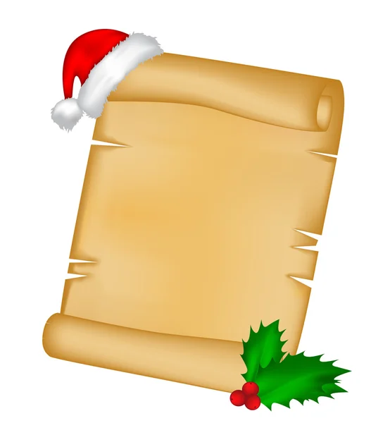 Tarjeta de pergamino de papel de Navidad con gorra de santa, sombrero y baya de acebo. ilustración vectorial aislada sobre fondo blanco . — Vector de stock