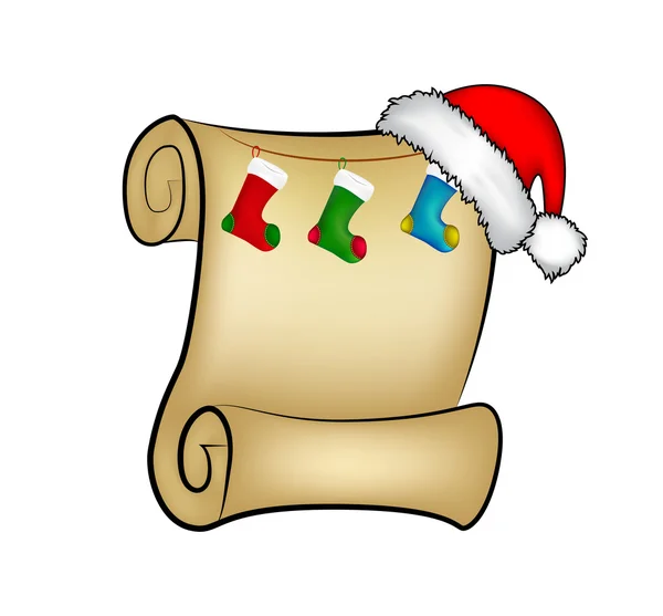 Papper rulla julkort med santa mössa, hatt och jul strumpor. vektor illustration isolerade på vit bakgrund. — Stock vektor