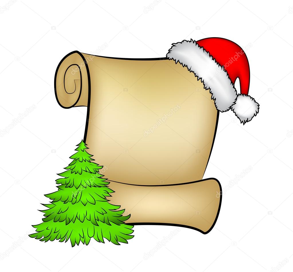 Christmas paper scroll card with santa cap,hat and christmas tree. vector illustration isolated on white background.