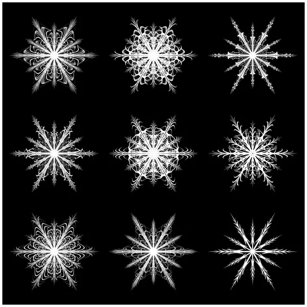 クリスマス雪の結晶、冷凍フレーク シルエット アイコン、シンボル、デザイン。黒の背景に分離された冬は、結晶ベクター グラフィック. — ストックベクタ