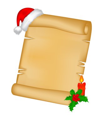 Noel kağıt kaydırma kartı santa şapka, şapka ve holly berry ile. Beyaz arka plan üzerinde izole vektör çizim.