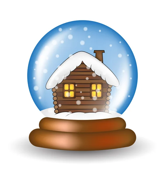 Christmas snowglobe with cabin cartoon design, icon, symbol for card. Winter transparent glass ball with the falling snow.  Vector illustration isolated on white background. — 图库矢量图片