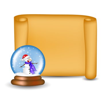 Christmas paper scroll card with snowglobe. Vector illustration isolated on white background.