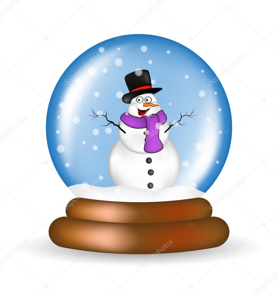 Christmas snowglobe with snowman cartoon design, icon, symbol for card. Winter transparent glass ball with the falling snow.  Vector illustration isolated on white background.