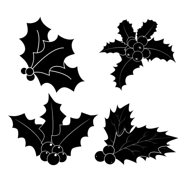 Silueta de bayas de acebo, hojas de Navidad y frutas icono, símbolo, diseño. Ilustración vectorial de invierno aislada sobre fondo blanco . — Vector de stock