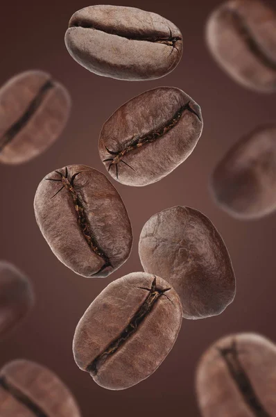 Kahverengi Arka Planda Kahve Çekirdekleri Düşüyor Yakın Çekim — Stok fotoğraf