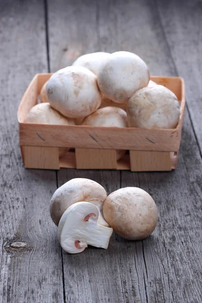 Champignons in a wooden box on old table — Stock Photo, Image