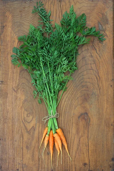 Manojo de zanahoria fresca sobre un fondo de madera — Foto de Stock
