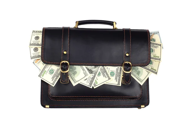 Schwarze Lederaktentasche mit Dollars isoliert auf weißem Hintergrund — Stockfoto