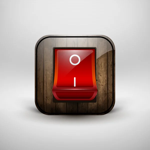 Switch with a shiny red button, contains wood texture. — Stock Vector