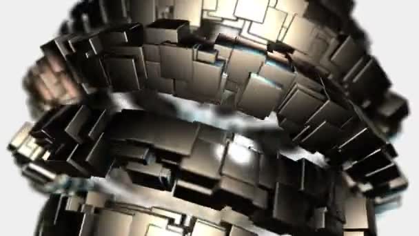 Brilhando cubos reflexivos escuros que se expandem e se contraem em uma esfera geométrica — Vídeo de Stock