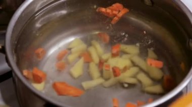 Bir el, patates ve havucu bir tencere suya güzelce serpiyor. Çorba yapma süreci.