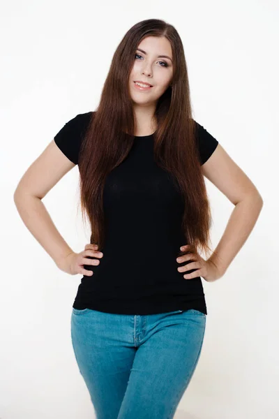 Young Beautiful Girl Black Shirt Blue Jeans Studio Photo White — Stock Photo, Image