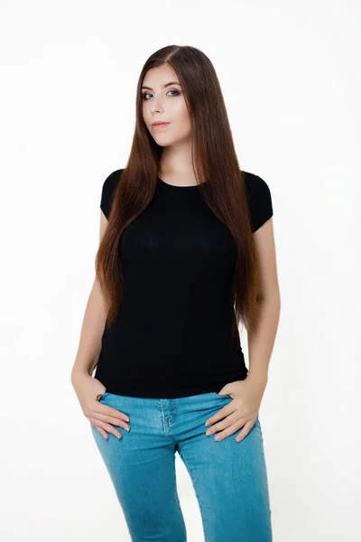 Young Beautiful Girl Black Shirt Blue Jeans Studio Photo White — Stock Photo, Image