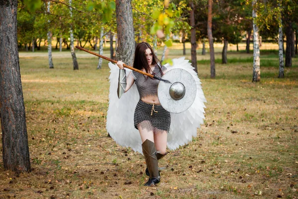 Eine Kriegerin Kettenhemd Mit Stahlstreben Und Grieben Und Flügeln Hinter — Stockfoto