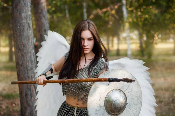 Portrait Warrior Woman Chain Mail Steel Bracers Wings Her Back — Stock Photo, Image