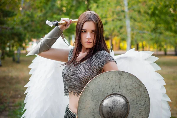 Portrait Warrior Woman Chain Mail Steel Bracers Wings Her Back — Stock Photo, Image