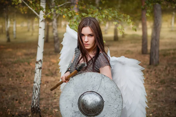 Portrait Warrior Woman Chain Mail Steel Bracers Wings Her Back — Stock Photo, Image