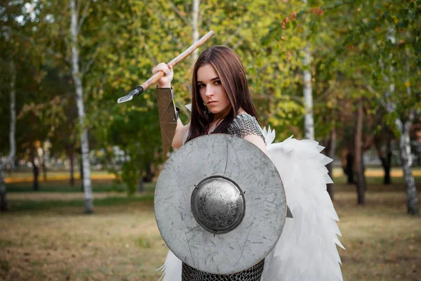 Portrait Warrior Woman Chain Mail Steel Bracers Wings Her Back — Stock Photo, Image