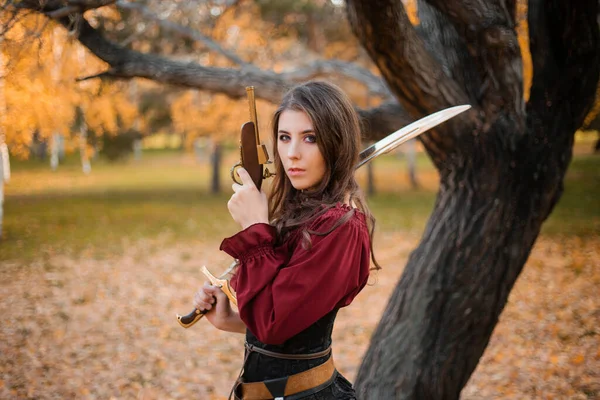 Beautiful Girl Shirt Corset Tight Trousers Saber Pistol Her Hands — Stock Photo, Image