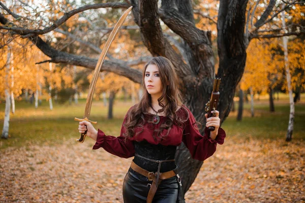 Beautiful Girl Shirt Corset Tight Trousers Saber Pistol Her Hands — Stock Photo, Image