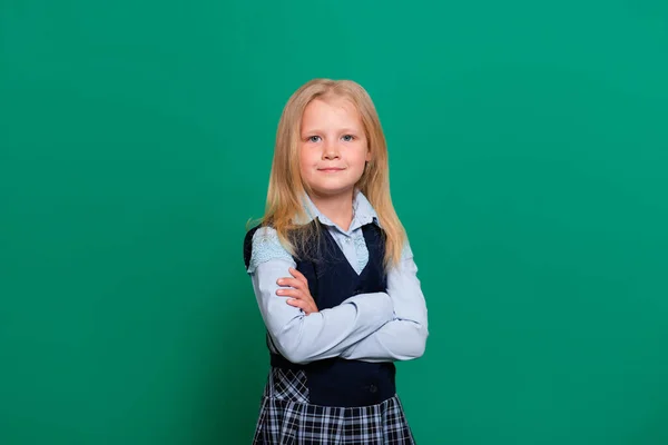 Young Girl School Uniform Posing Green Background — Stock Photo, Image