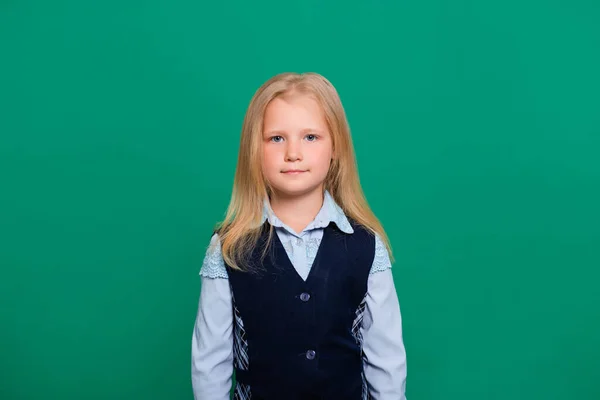 Young Girl School Uniform Posing Green Background — Stock Photo, Image