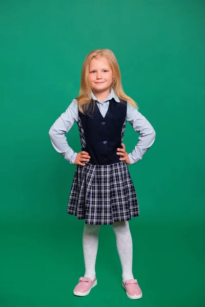 Young Girl School Uniform Posing Green Background — Stock Photo, Image