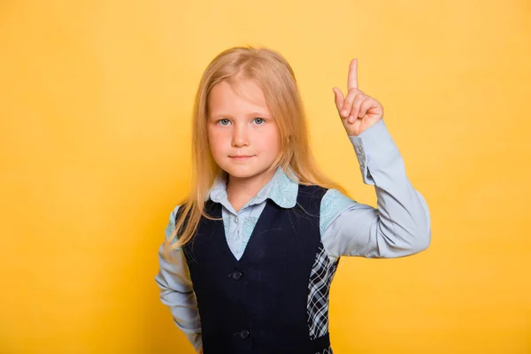 Girl School Uniform Posing Isolated Yellow Background — Stock Photo, Image