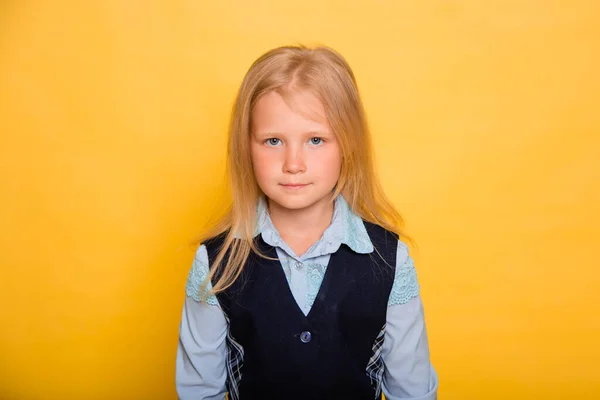 Girl School Uniform Posing Isolated Yellow Background — Stock Photo, Image