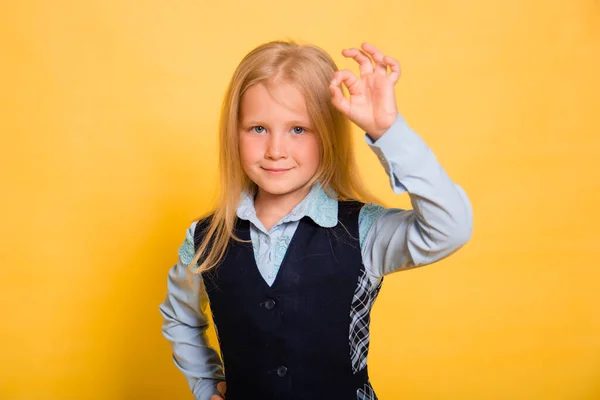 Girl School Uniform Posing Isolated Yellow Background — Stock Photo, Image