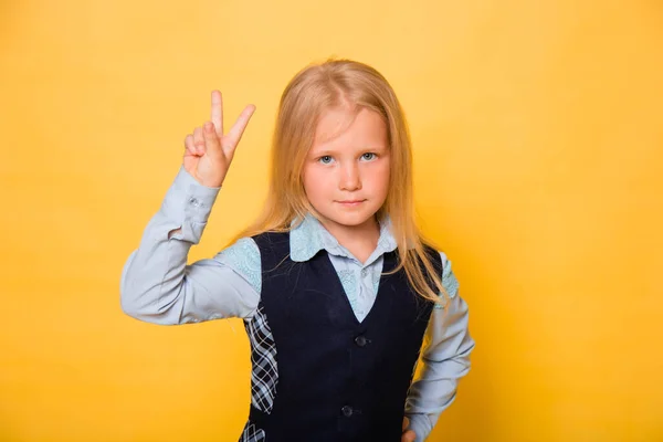 Girl School Uniform Posing Isolated Yellow Background — Stock Photo, Image