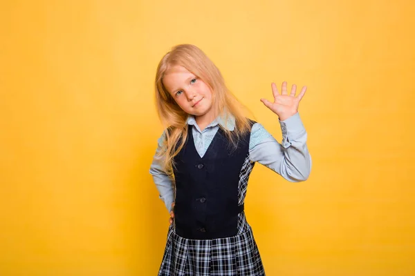 Girl School Uniform Posing Isolated Yellow Background — Stock Photo, Image