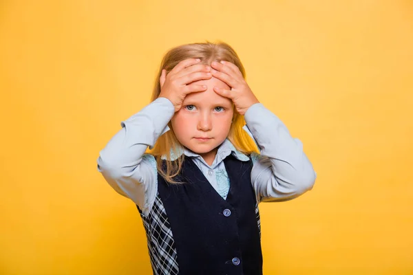 Girl School Uniform Posing Isolated Yellow Background — Stock Photo, Image