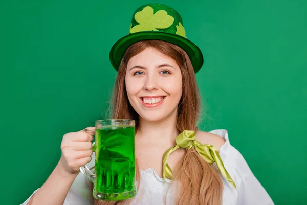 Woman Festive Saint Patrick Day Costume Hat Decorated Shamrock Holding — Stock Photo, Image