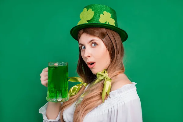 Woman Festive Saint Patrick Day Costume Hat Decorated Shamrock Holding — Stock Photo, Image