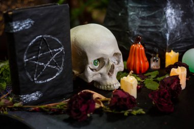 Masada pentagram, kafatası ve kazan bulunan kara kaplı bir defter ve cadılık malzemeleri. Cadılar Bayramı cadı sunağı kavramı.