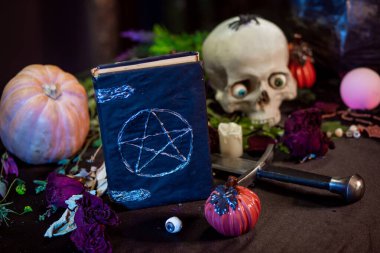 Masada pentagram, kafatası ve kazan bulunan kara kaplı bir defter ve cadılık malzemeleri. Cadılar Bayramı cadı sunağı kavramı.