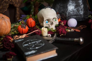 Bir insan kafatası, pentagram, balkabağı ve otlarla dolu bir kitabın yanındaki masada yatıyor. Sihirli ayin için sunak konsepti, Cadılar Bayramı kutlaması.