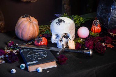 Bir insan kafatası, pentagram, balkabağı ve otlarla dolu bir kitabın yanındaki masada yatıyor. Sihirli ayin için sunak konsepti, Cadılar Bayramı kutlaması.