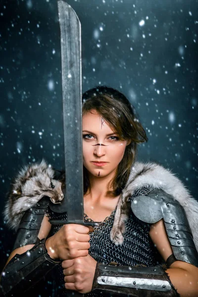 Portrait Medieval Woman Warrior Chain Mail Fur Sword Her Hands — Stock Photo, Image