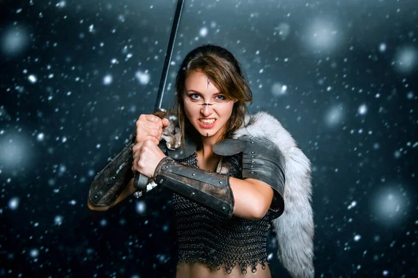 Portrait Medieval Woman Warrior Chain Mail Fur Sword Her Hands — Stock Photo, Image