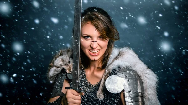 Portrait Medieval Woman Warrior Chain Mail Fur Sword Her Hands — Stock Photo, Image