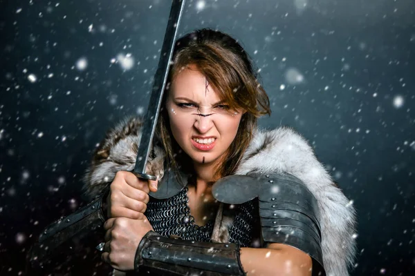 Portrait Medieval Woman Warrior Chain Mail Fur Sword Her Hands — Stock Photo, Image