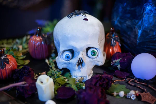 マルチカラーの目を持つ人間の頭蓋骨は 魔術のための成分とテーブルの上にあります ハロウィン魔女祭壇のコンセプト — ストック写真