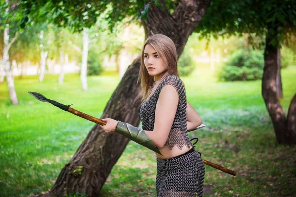 Portrait Young Medieval Woman Warrior Dressed Chain Mail Armor Spear — Stock Photo, Image