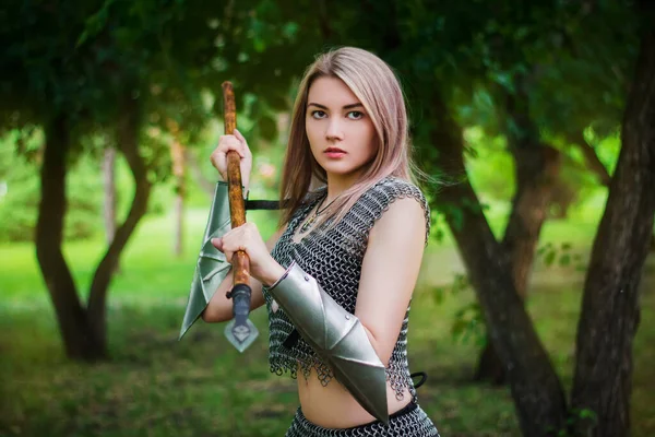 Portrait Young Medieval Woman Warrior Dressed Chain Mail Armor Spear — Stock Photo, Image