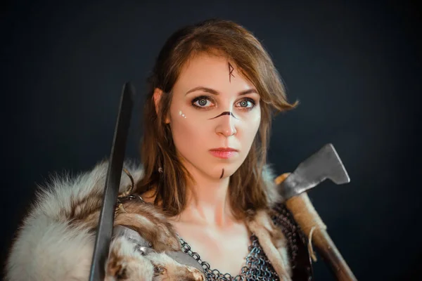 Nahaufnahme Porträt Einer Mittelalterlichen Kriegerin Aus Der Zeit Der Barbaren — Stockfoto