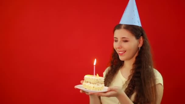 Unsuccessful Attempt Blow Out Candle Make Birthday Wish Young Woman — Stock Video